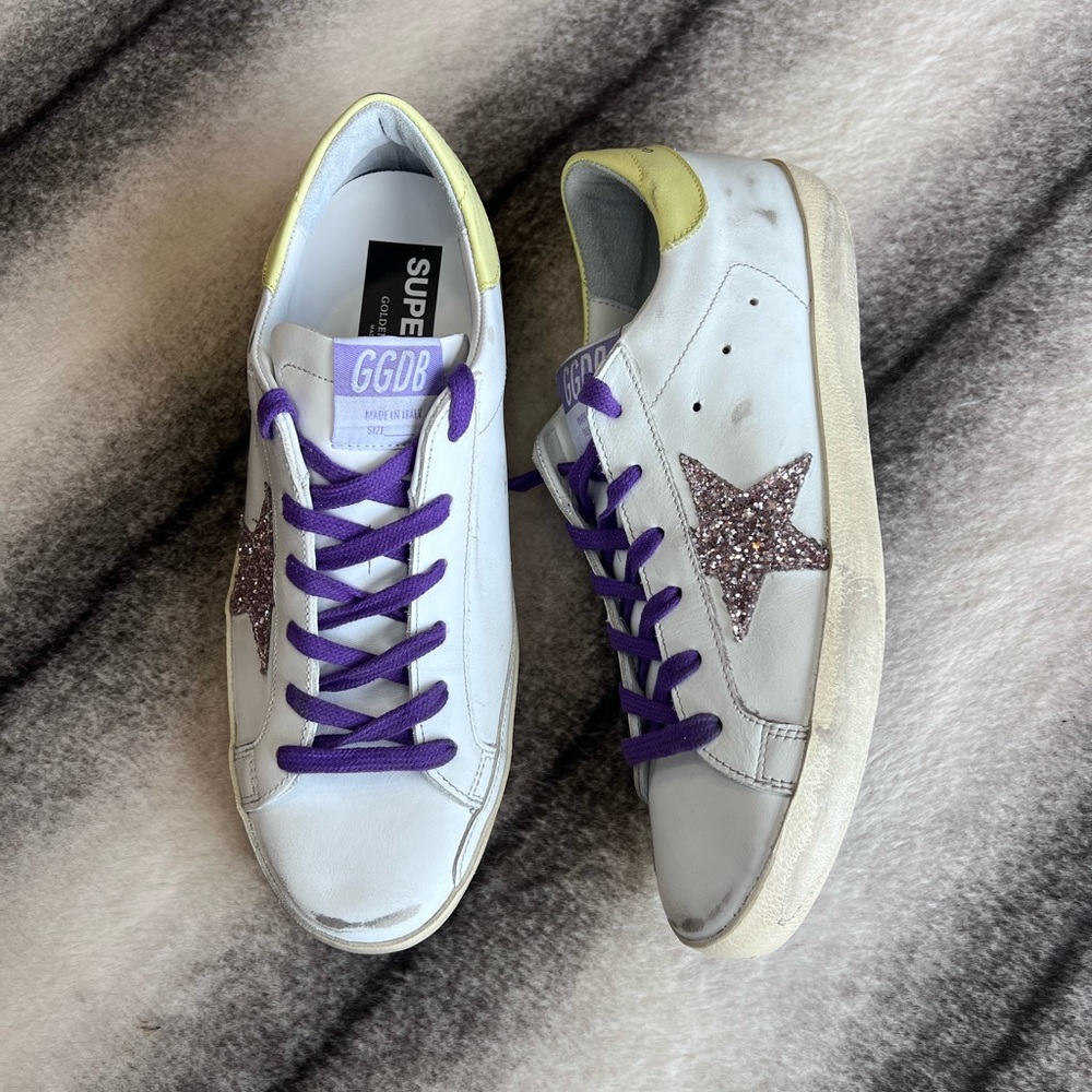 Golden Goose Superstar Classic Leather Glitter Star White Pink Yellow Sneakers - Picture 1 of 16